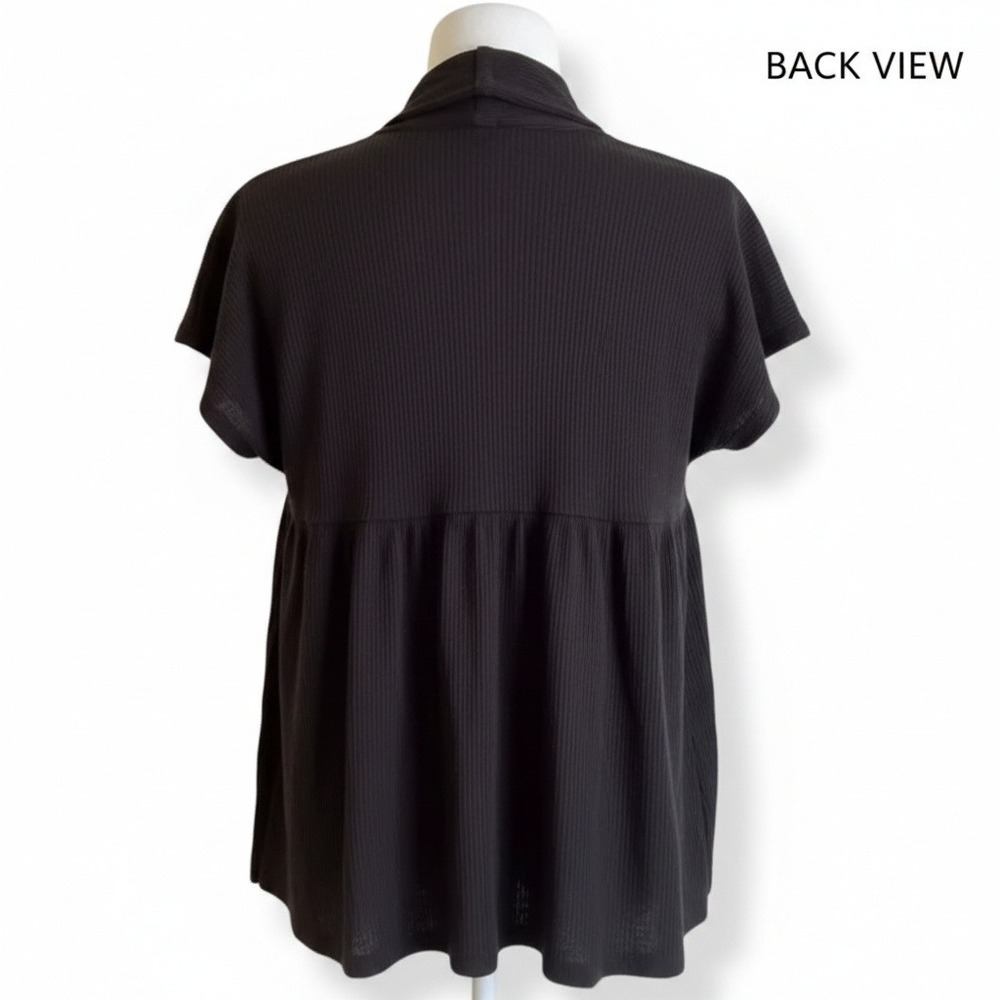 Forever 21 Black Open‎ Front Ribbed Cardigan | Short Sleeve Collared Sweater M - Picture 2 of 4